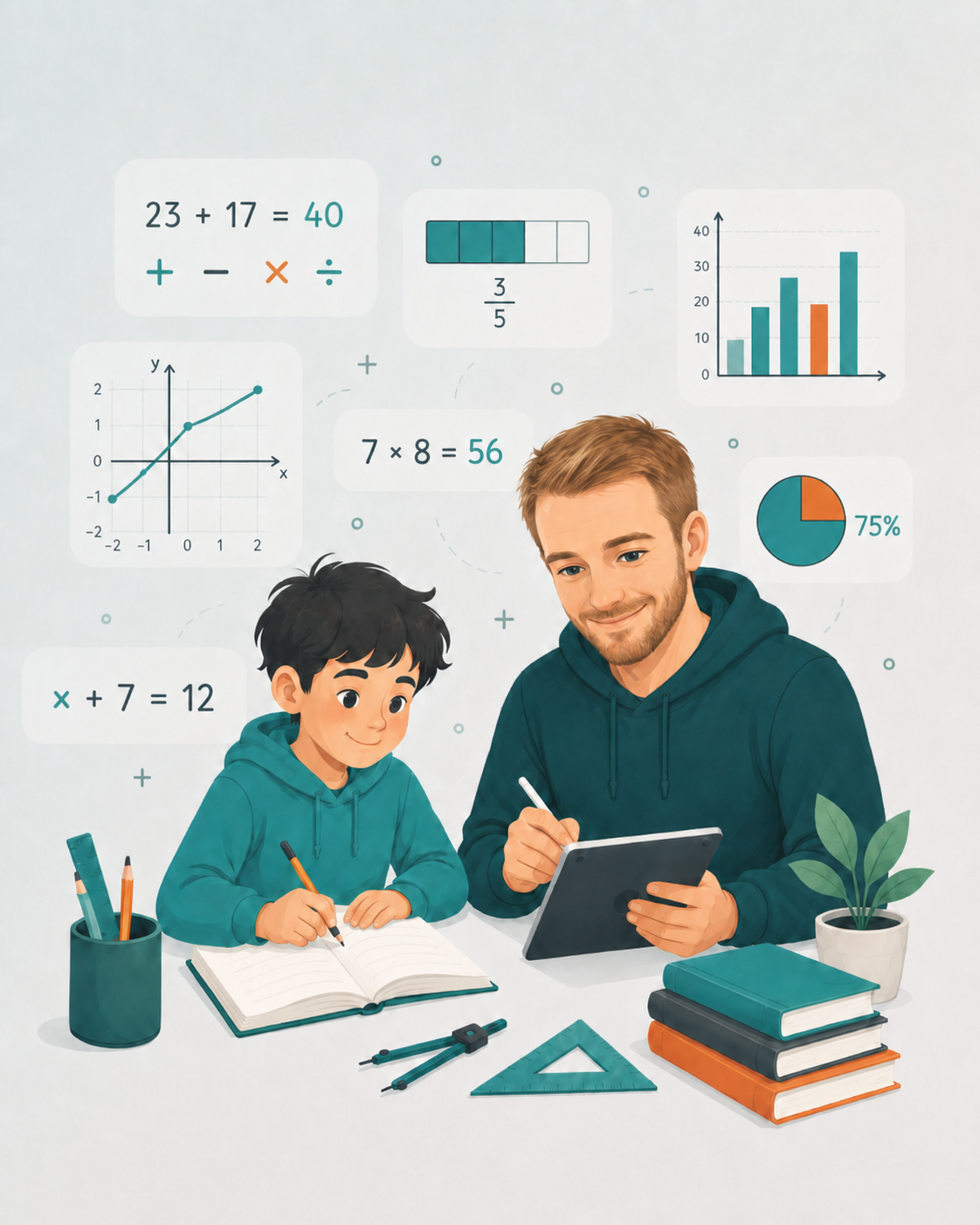 Professeur accompagnant un élève avec des notions de mathématiques illustrées.