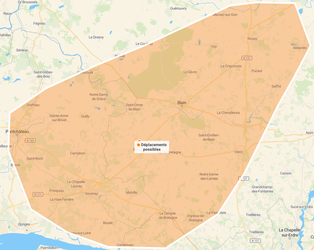 Carte de la zone de déplacement possible pour les cours à domicile.